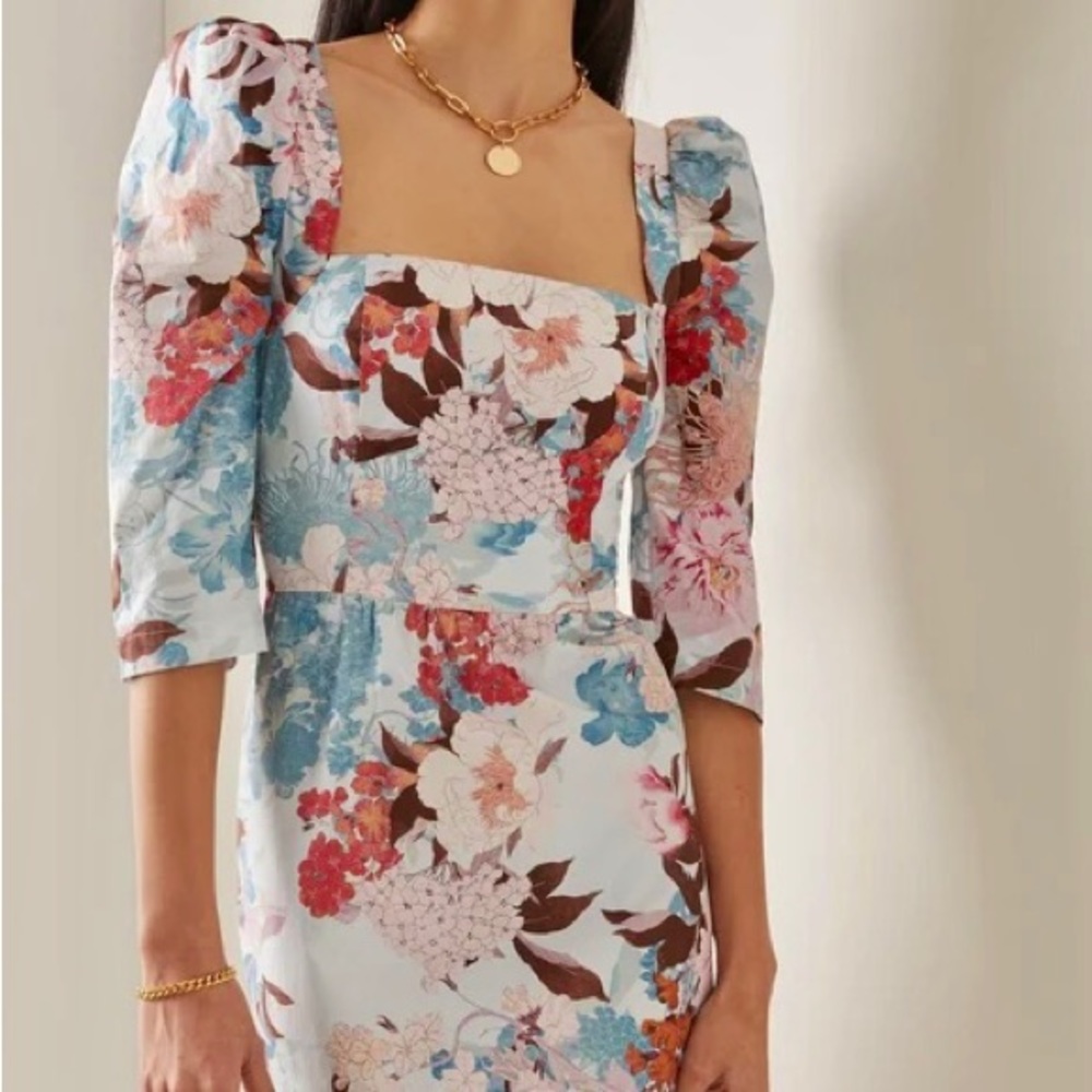 NWT Cara Cara Busy Puff-Sleeve Midi-Dress Japanese Floral blue - Picture 2 of 11